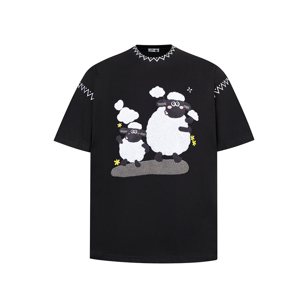 New York Hip Hop Style Summer Crew Neck Short Sleeve T-Shirt Lamb Embroidery Print
