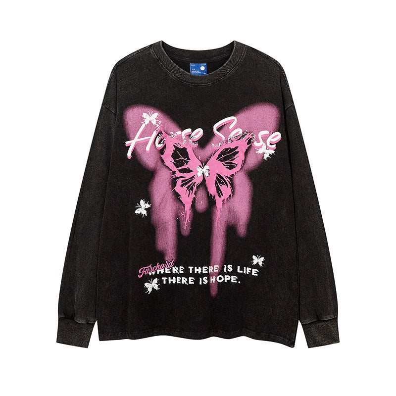 Vintage T Shirts Hip Hop Butterfly Print Washing Water Old Long Sleeve T-Shirt