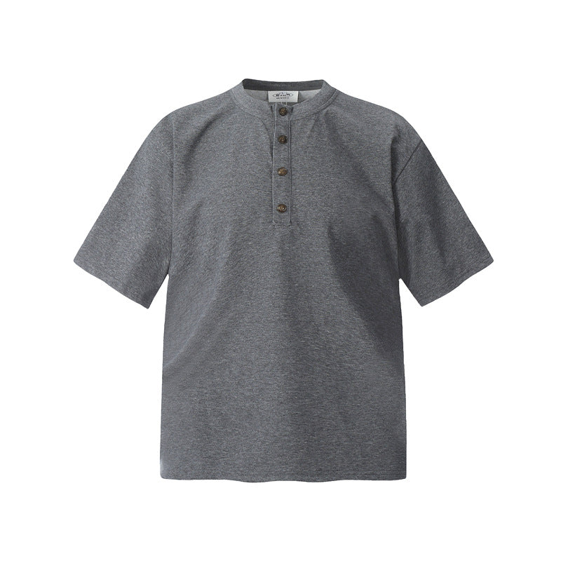 Camisas Retros Casual Half-Sleeve Button Solid Color Loose Crew Neck Short Sleeve T-Shirt