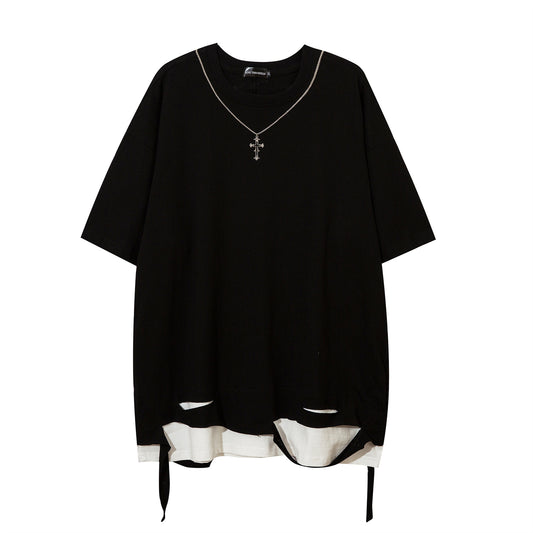USA Vintage T-Shirt Chain Splicing Fake Two-piece Men's Summer