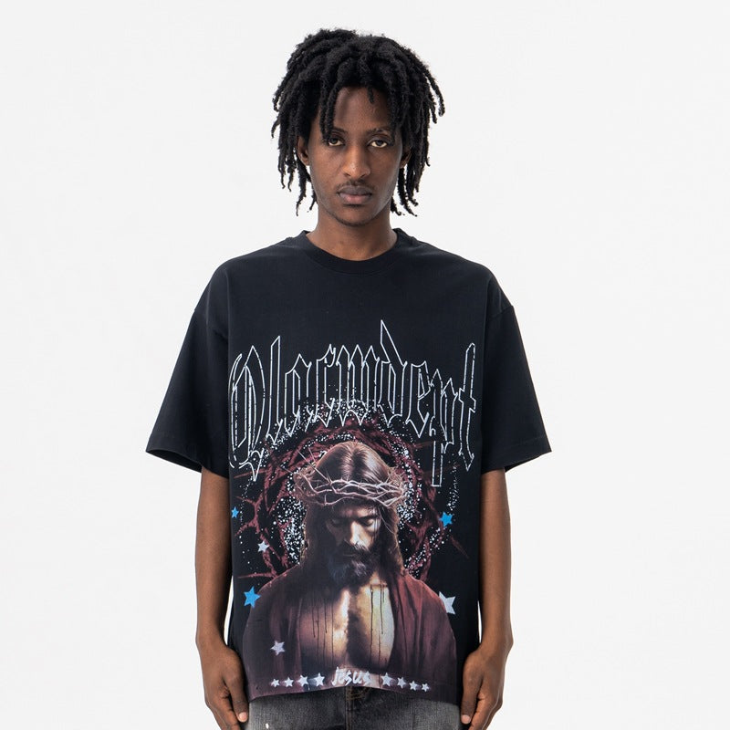 Vintage College Shirts Autumn/Winter, Portrait Print Crew Neck Short Sleeve T-Shirt