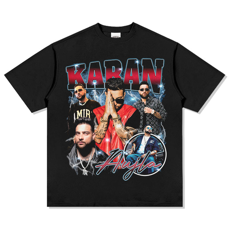 Outfit streetwear vintage hip hop Karan Aujla print short sleeve t-shirt