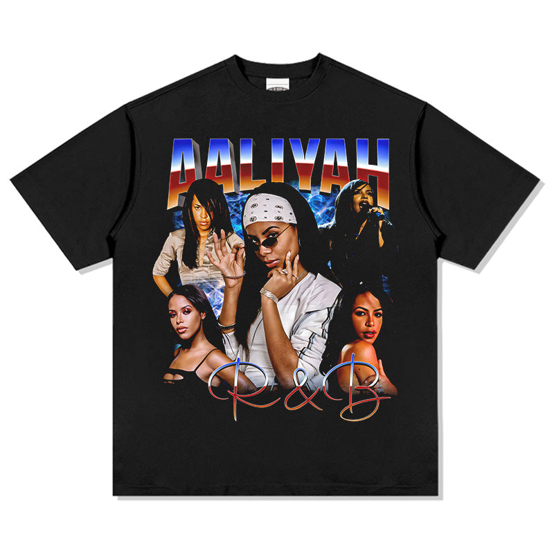 Streetwear masculino vintage hip hop Aaliyah print short sleeve t-shirt