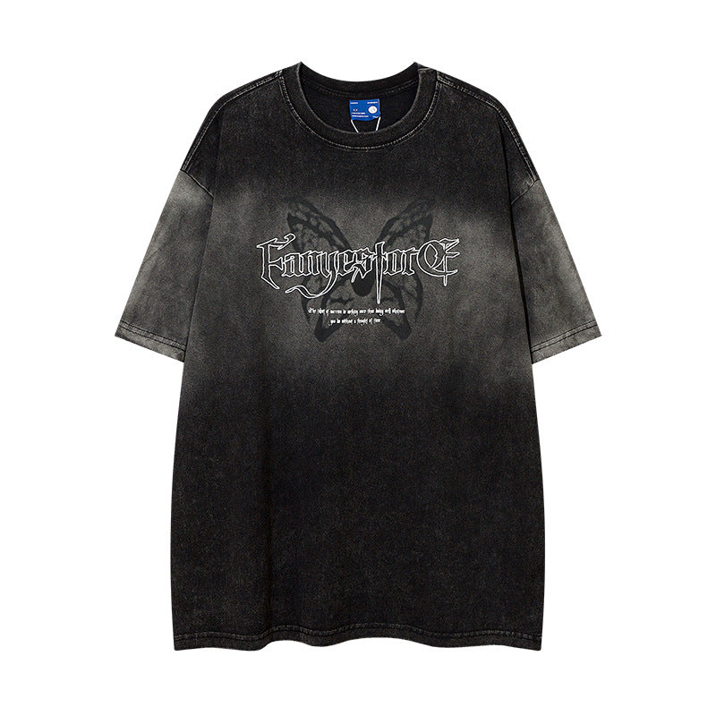 Hip Hop Clothes New York Vintage Washed Old Alphabet Embroidery Short Sleeve Loose Hip Hop T-Shirt