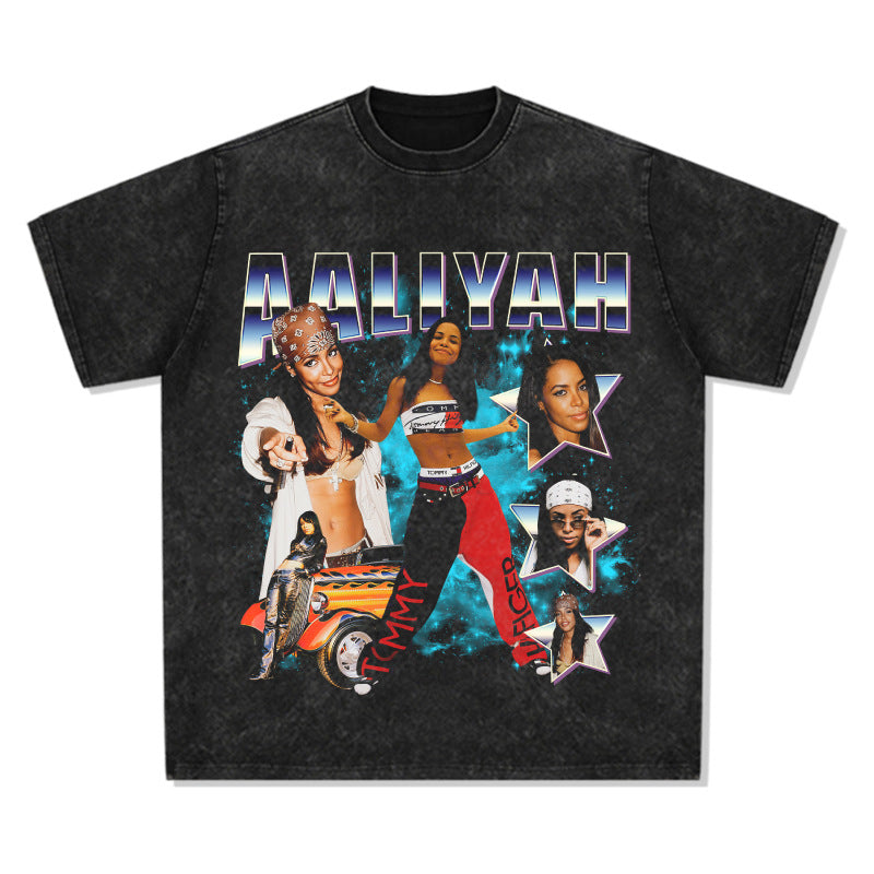 Streetwear masculino vintage hip hop rap Aaliyah print short sleeve t-shirt