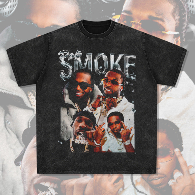 Cool t rapper Vintage Hip Hop Pop Smoke Printed Short Sleeve T-Shirt Washed Casual Loose Crew Neck