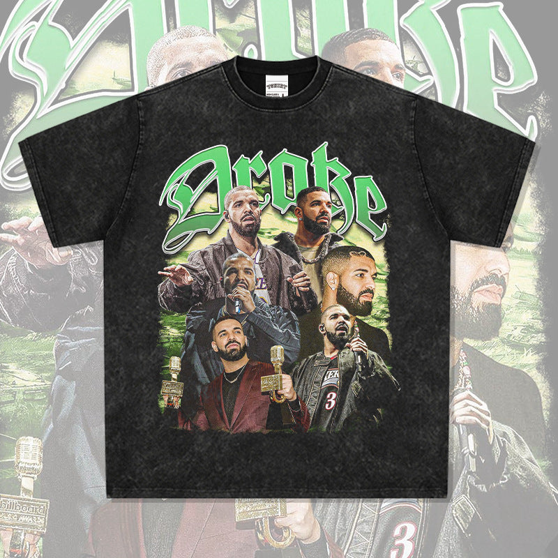 Cool t rapper Drake Printed Hip Hop Street Short Sleeve Vintage Washed T-Shirt Loose Top