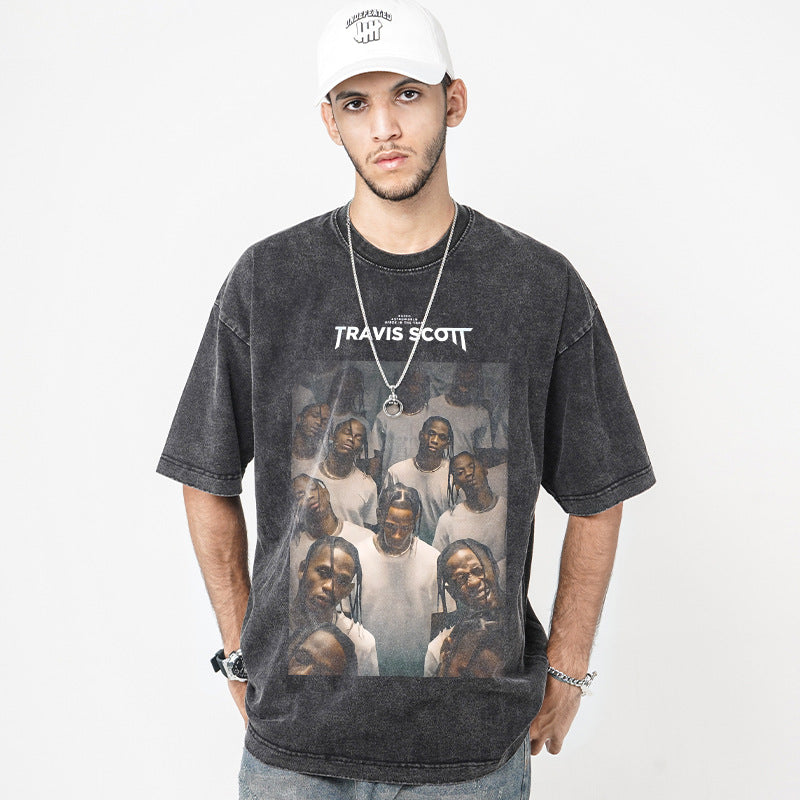 Streetwear masculino hip hop Travis scott rap character print washed do old loose short sleeve t-shirt