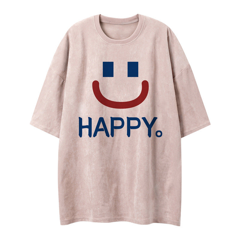 US drip outfits summer vintage smiley face print casual loose short sleeve T-Shirts