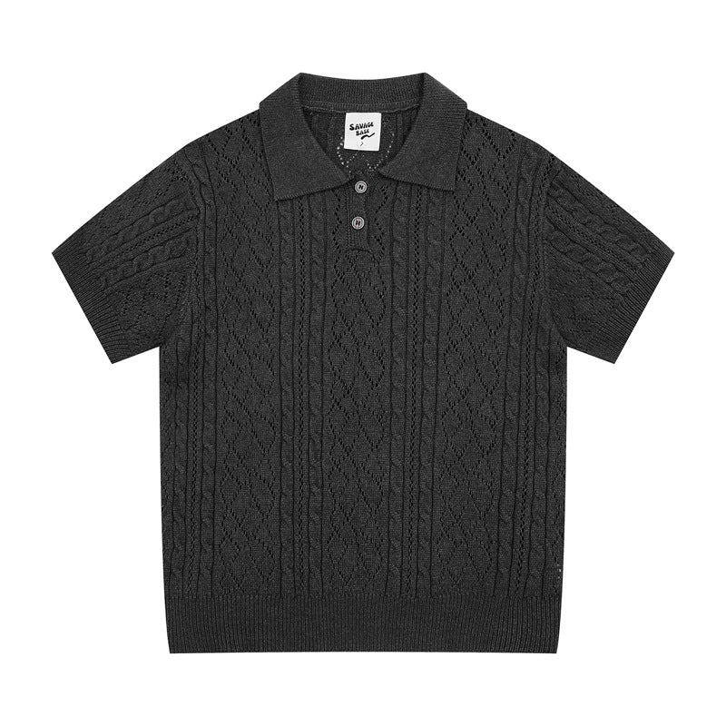 Hip Hop Shirts For Boys Vintage Summer Lapel Short Sleeve Sweater Knitted Men's Loose Top