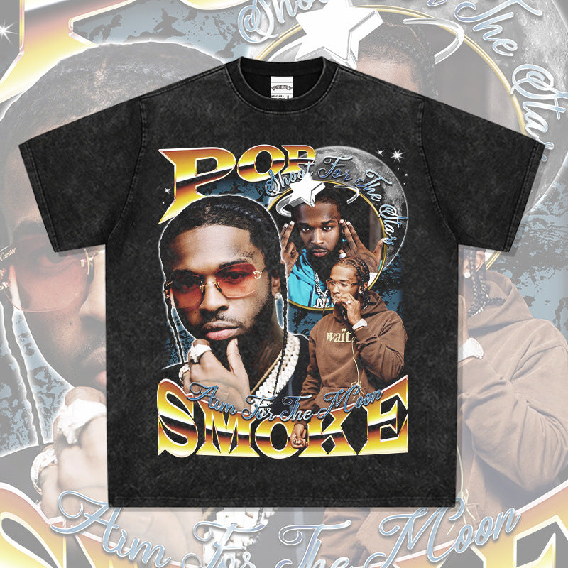 Cool t rapper vintage hip hop pop smoke print hiphop short sleeve t-shirt