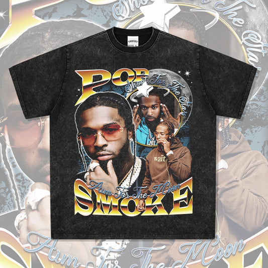 Cool t rapper vintage hip hop pop smoke print hiphop short sleeve t-shirt