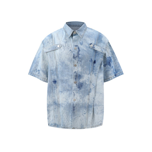 Stone Wash T shirt tie-dye gradual change washed old denim short sleeves