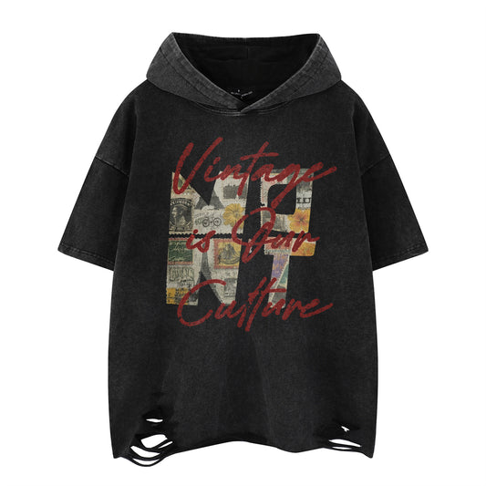 Distorted vintage hooded short-sleeved t-shirt summer loose top