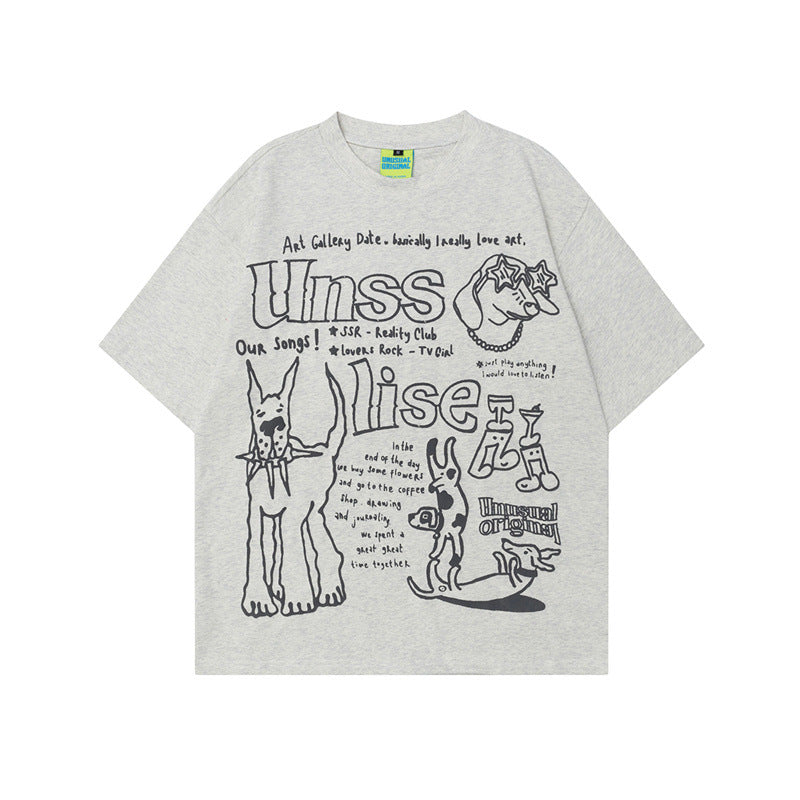 US drip outfits Summer Vintage Alphabet Doggy Print Casual Loose Short Sleeve T-Shirts