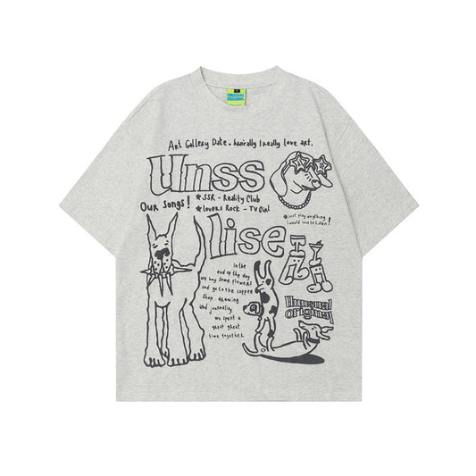 US drip outfits Summer Vintage Alphabet Doggy Print Casual Loose Short Sleeve T-Shirts