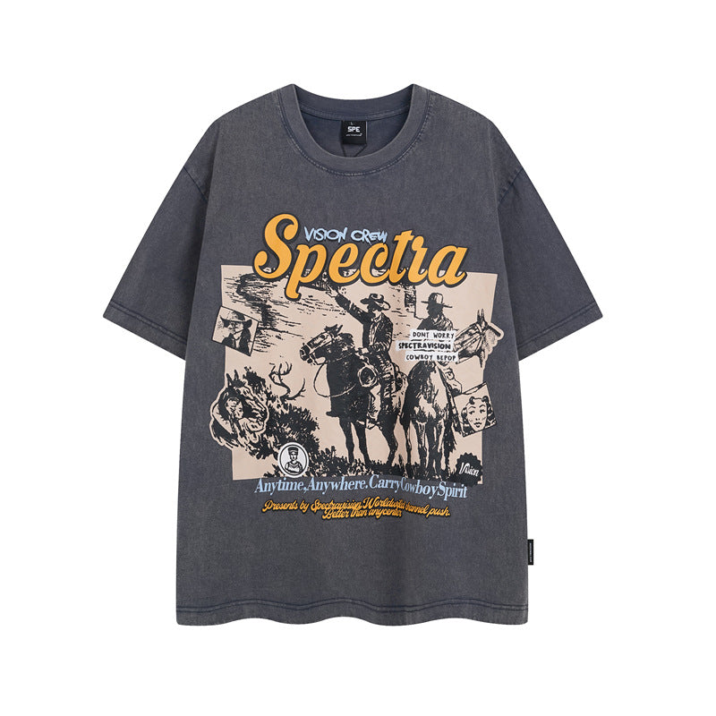 Y2K mens shirt retro loose round neck men's short sleeve T-shirt