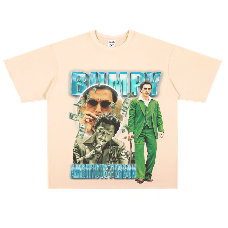 Film Star T Shirt Loose Heavy Retro Street Cotton Small Neckline T-shirt for Men and Women