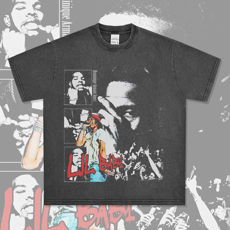 Outfit streetwear vintage hip hop Lil Baby print short sleeve t-shirt
