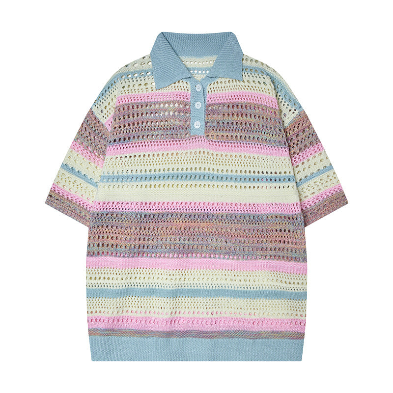 Camisas Retros retro stripes gradual change color spring and summer hollow knit sweater