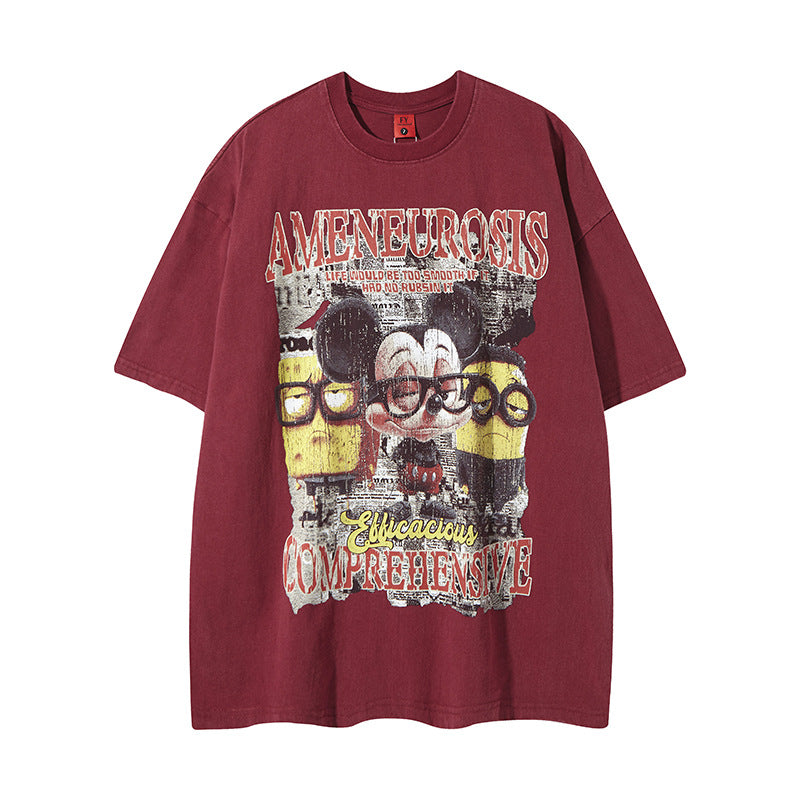 Distorted vintage washed old anime cartoon print short sleeve t-shirt summer loose casual top