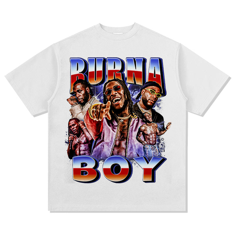 Streetwear masculino vintage hip hop Burna Boy print short sleeve t-shirt