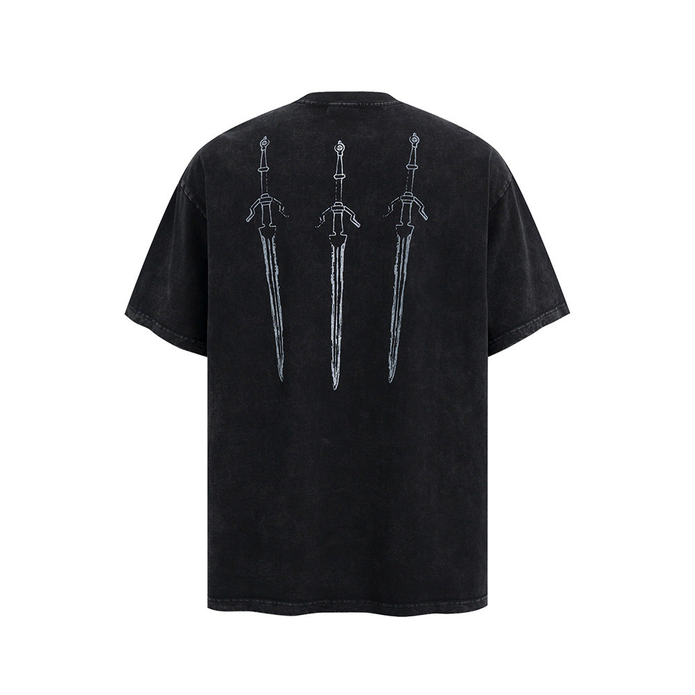 Nostalgia T Shirts Vintage Washed Short Sleeve T-Shirt Summer Sword Print Loose Casual