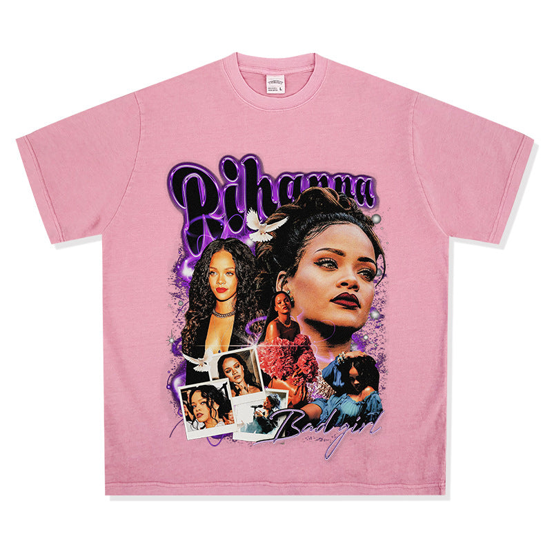 Streetwear masculino hip hop vintage Rihanna print short sleeve t-shirt VINTAGE