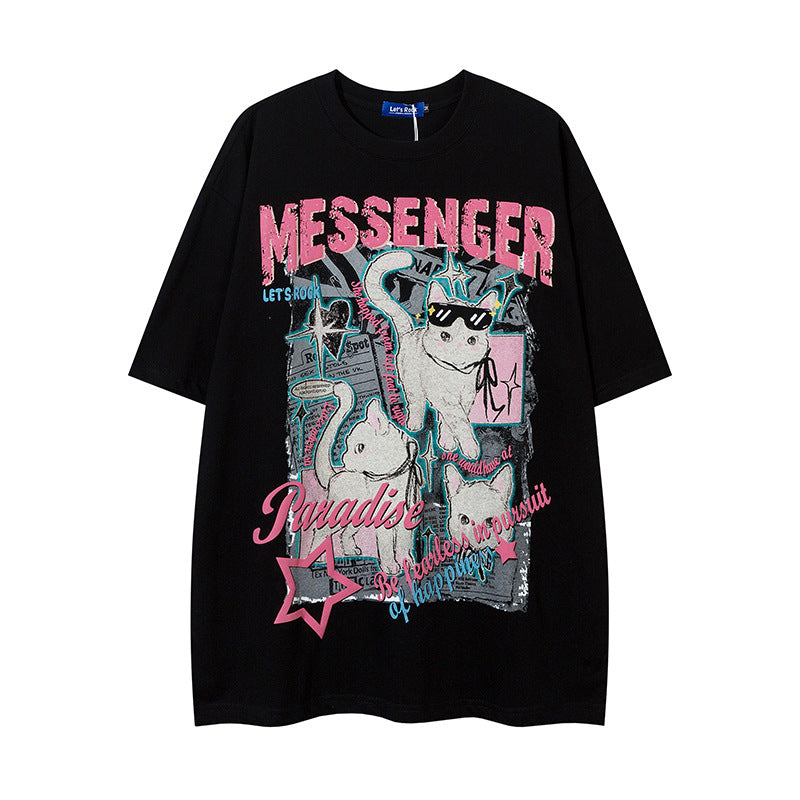 Nyc T Shirt Retro Cat Short Sleeve T-Shirt Summer Loose Casual Top