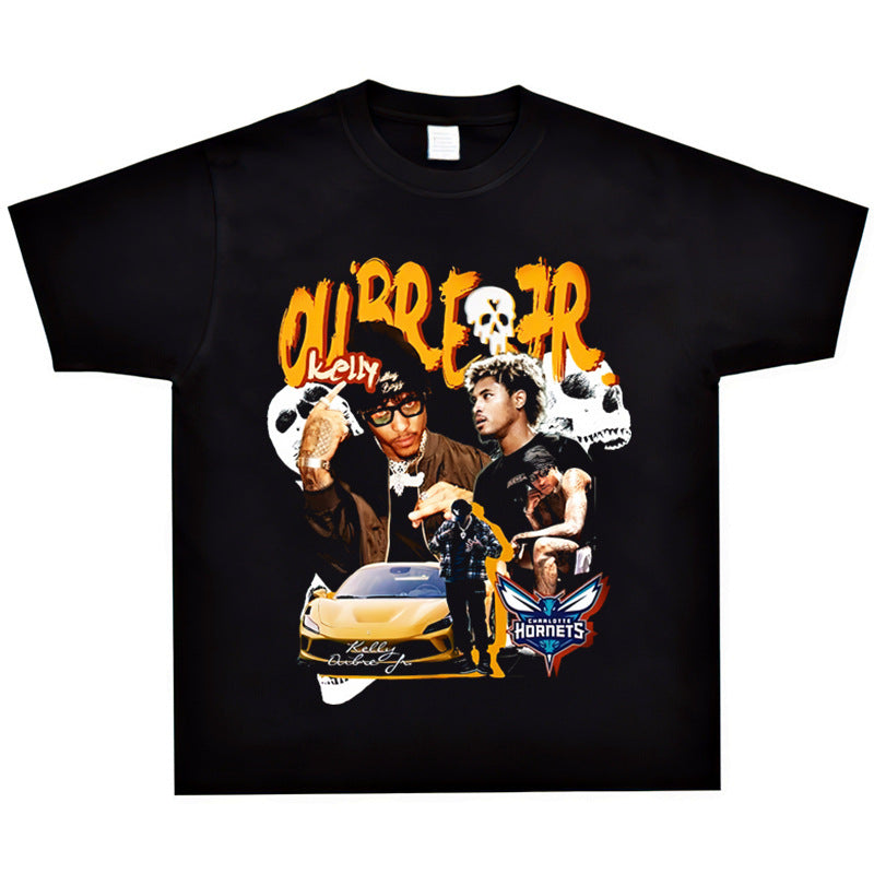 Film Star T Shirt Kelly Oubre Printed T-shirt Short Sleeve Loose Retro Pure Cotton Washed Distressed
