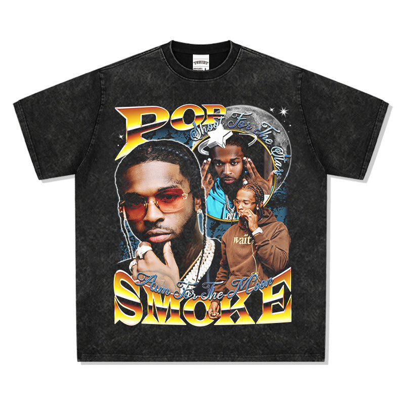 Cool t rapper vintage hip hop pop smoke print hiphop short sleeve t-shirt