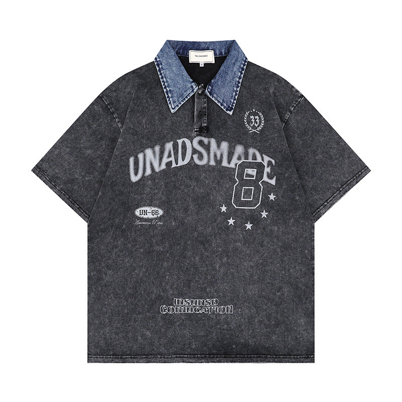 Racing oversized t shirt summer retro washed denim polo collar short sleeve t-shirt