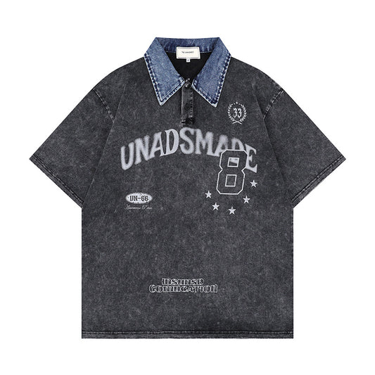 Racing oversized t shirt summer retro washed denim polo collar short sleeve t-shirt