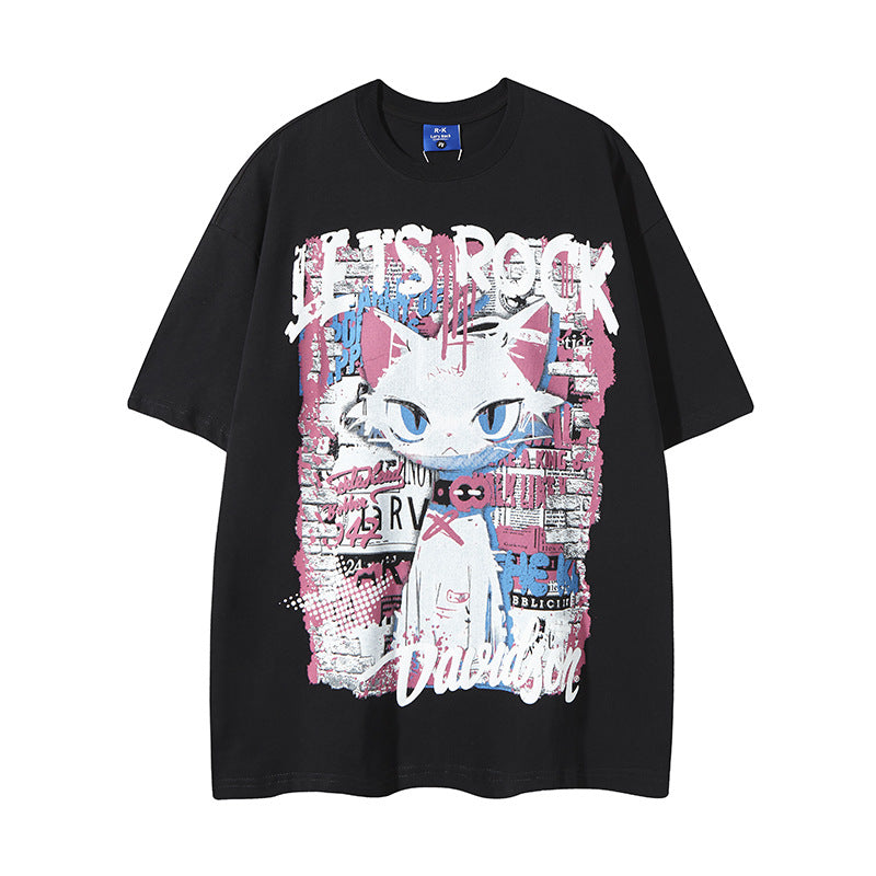 Nyc T Shirt Retro Cat Printed Short Sleeve T-Shirt Summer Loose Casual Top