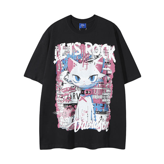 Nyc T Shirt Retro Cat Printed Short Sleeve T-Shirt Summer Loose Casual Top