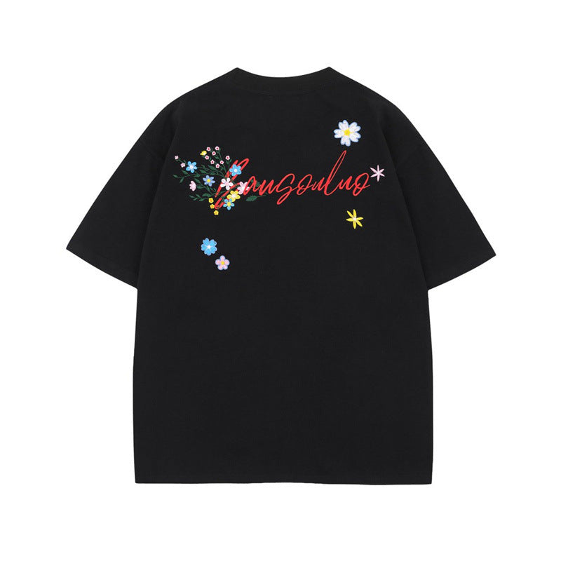 US drip outfits Summer Vintage Floral Embroidery Casual Loose Short Sleeve T-Shirts
