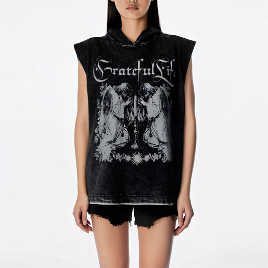Distorted vintage gothic character print hooded vest made old top