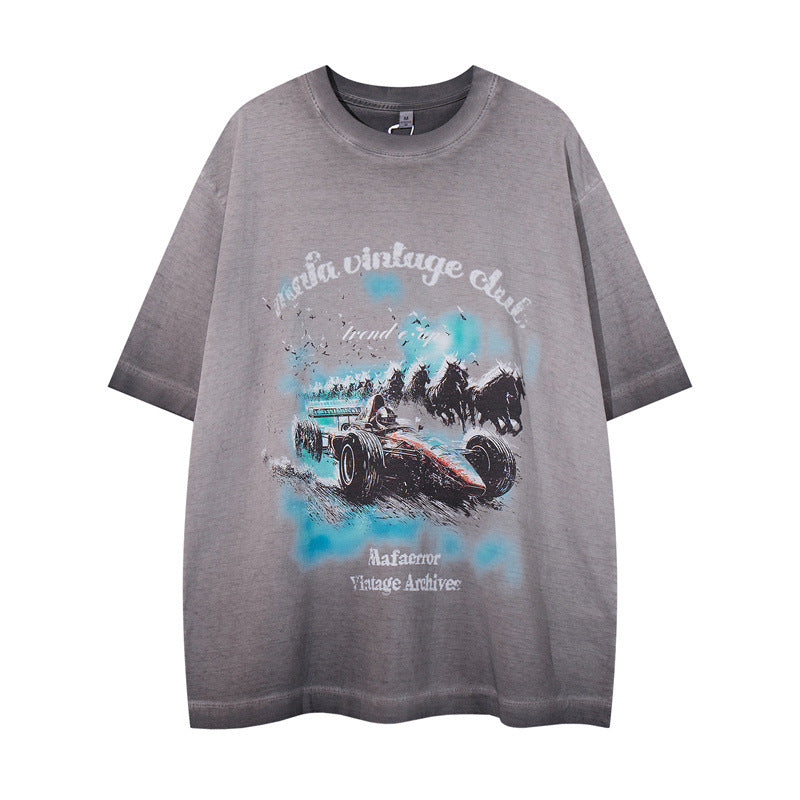 US drip outfits Summer Vintage Racing Pattern Casual Loose Short Sleeve T-Shirts