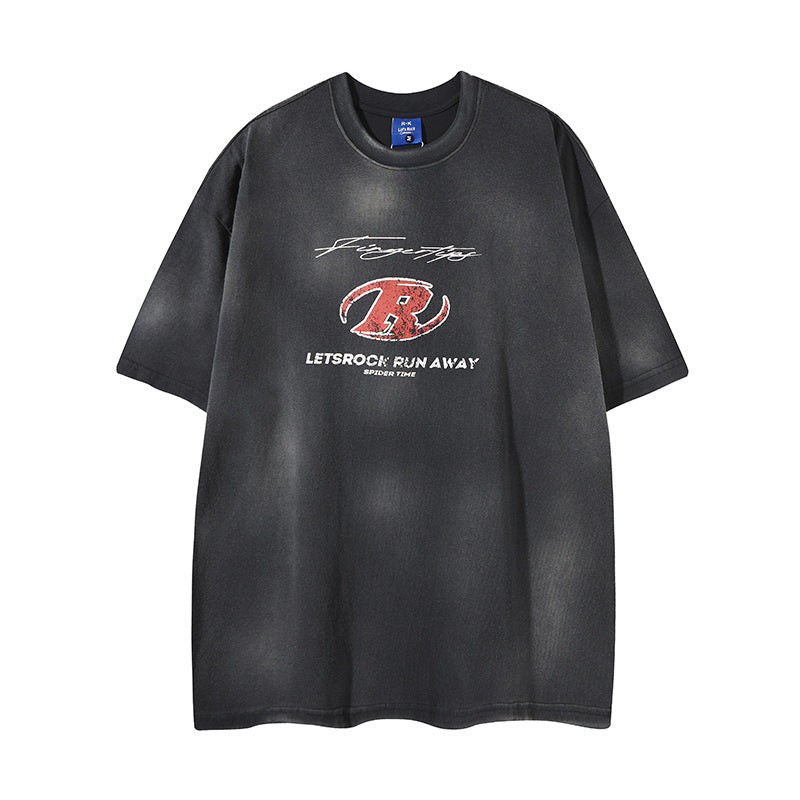 Camisas Retros wash gradual change print men's casual loose sports T-shirt