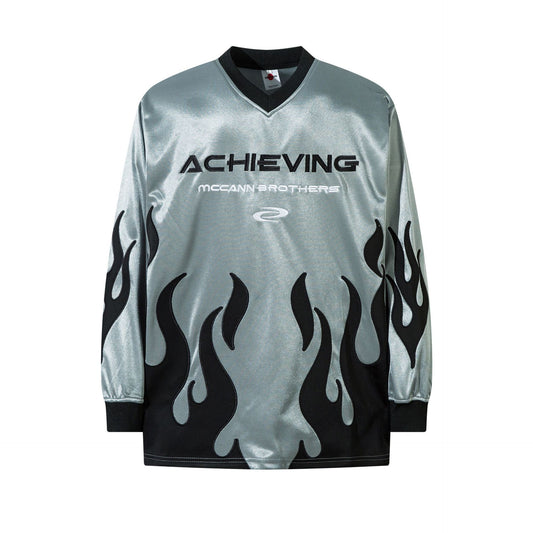 Racing oversized t shirt autumn, flame embroidered locomotive t-shirt long sleeve