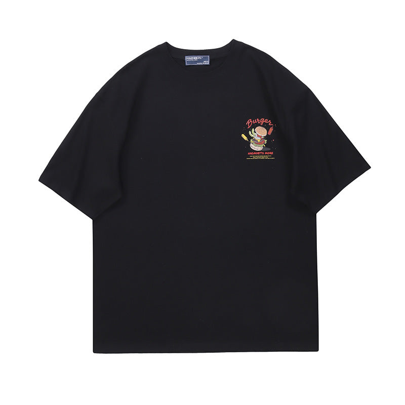 Vice streetwear summer cartoon hamburger print short sleeve loose T-Shirts