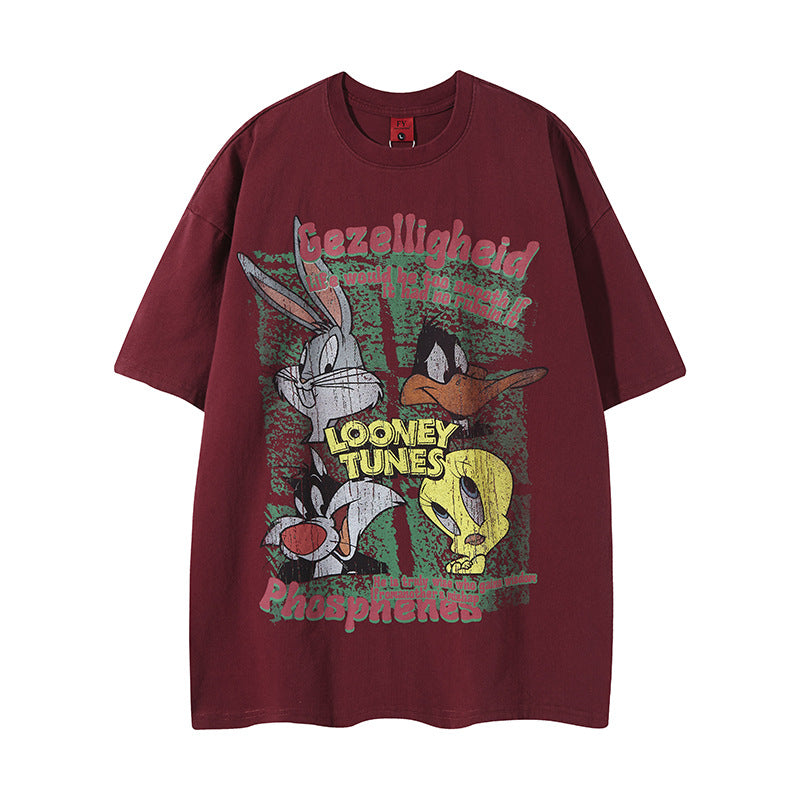 Hip Hop Clothes New York Vintage Washed Old Alphabet Embroidery Short Sleeve Loose Hip Hop T-Shirt