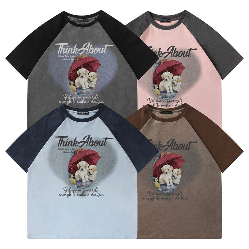 Camisetas streetwear Summer Vintage Cute Umbrella Puppy Casual Loose Short Sleeve T-Shirt