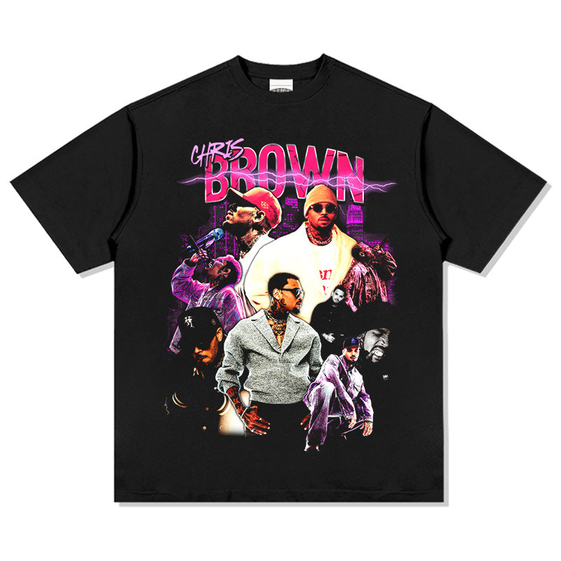 Streetwear masculino vintage hip hop breezy chris brown print short sleeve t-shirt
