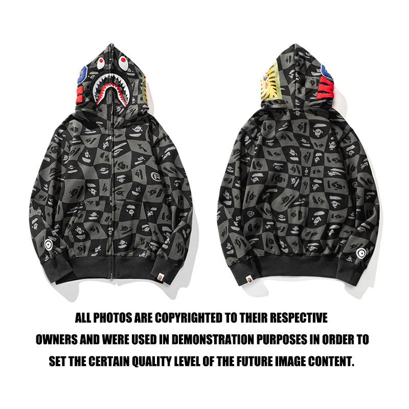 Ape Hoodie Checkered Embroidered Black and Grey Sweater Zipper Hooded Jacket Cardigan