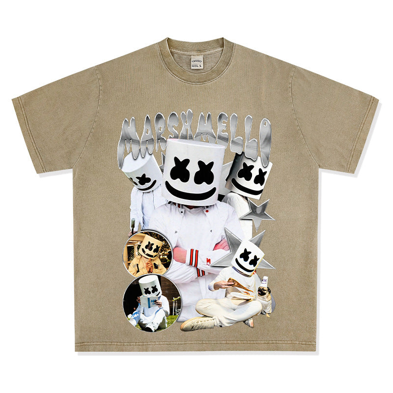 Streetwear masculin MARSHMELLO vintage hip hop rap print short sleeve t-shirt