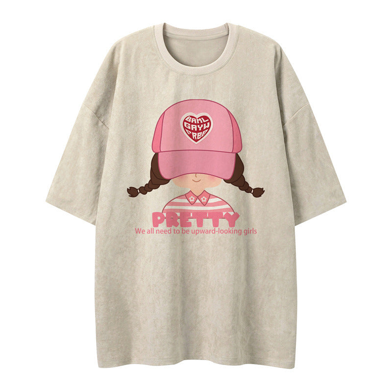 US drip outfits Summer Vintage Cartoon Girl Casual Loose Short Sleeve T-Shirts