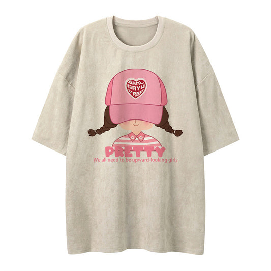 US drip outfits Summer Vintage Cartoon Girl Casual Loose Short Sleeve T-Shirts