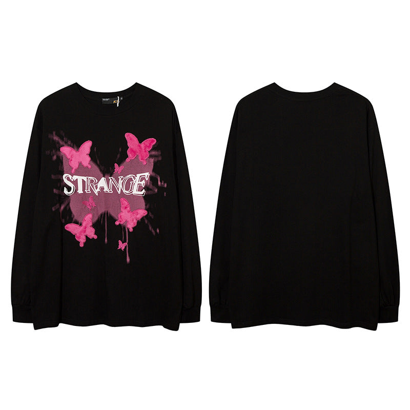 Vintage T Shirts Hip Hop Butterfly Patch Embroidered Long Sleeve T-Shirt