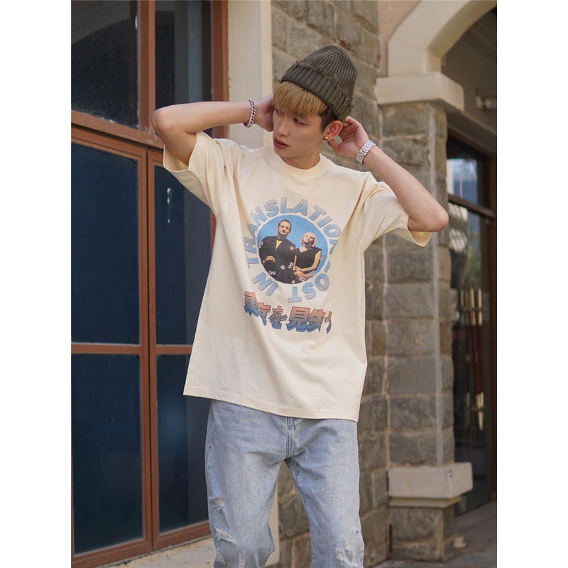 Film Star T Shirt Movie Lost in Tokyo Trendy Cotton Short Sleeve Loose round Neck American Retro T-shirt for Men